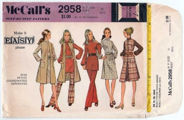 70's A-Line Dress, Pants, Top, Long Vest Sewing Pattern Misses Size 10 Uncut McCall's 2958