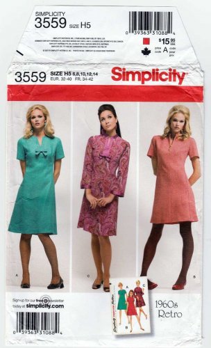Women's Retro 1960's Style Dress Sewing Pattern, Size 6-8-10-12-14 Uncut Simplicity 3559