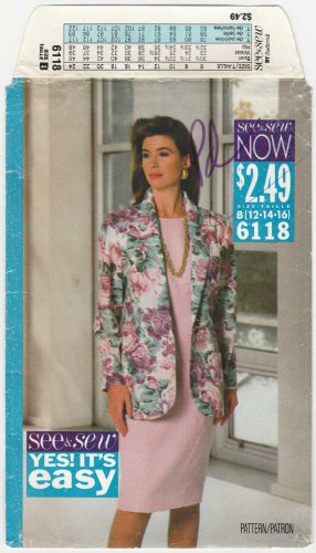 Women's Dress and Jacket Sewing Pattern, Misses' Size 12-14-16 Uncut Butterick See and Sew 6118