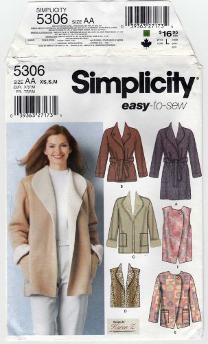 Women's Coat, Jacket, Vest Sewing Pattern Misses' Size XS-Small-Medium UNCUT Simplicity 5306