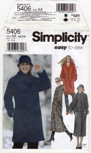 Women's Coat and Hat Sewing Pattern Misses' Size XS-Small-Medium UNCUT Simplicity 5406