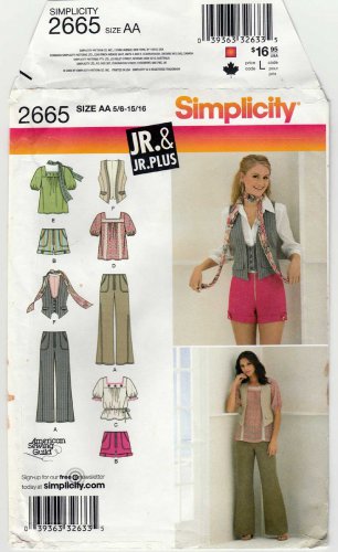 Pants, Shorts, Top, Vest, Scarf Sewing Pattern Junior Size 5/6 - 15/16 UNCUT Simplicity 2665