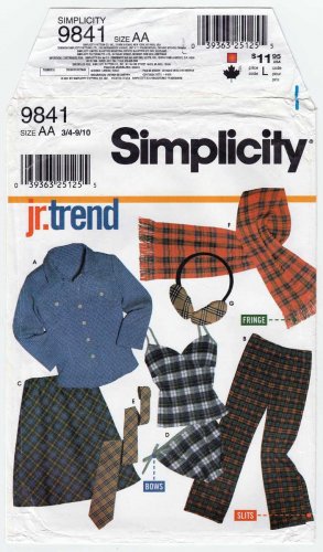 Simplicity 9841 Teen Girls Shirt, Pants, Camisole, Panties, Skirt Pattern JR's Size 3/4 - 9/10 Uncut