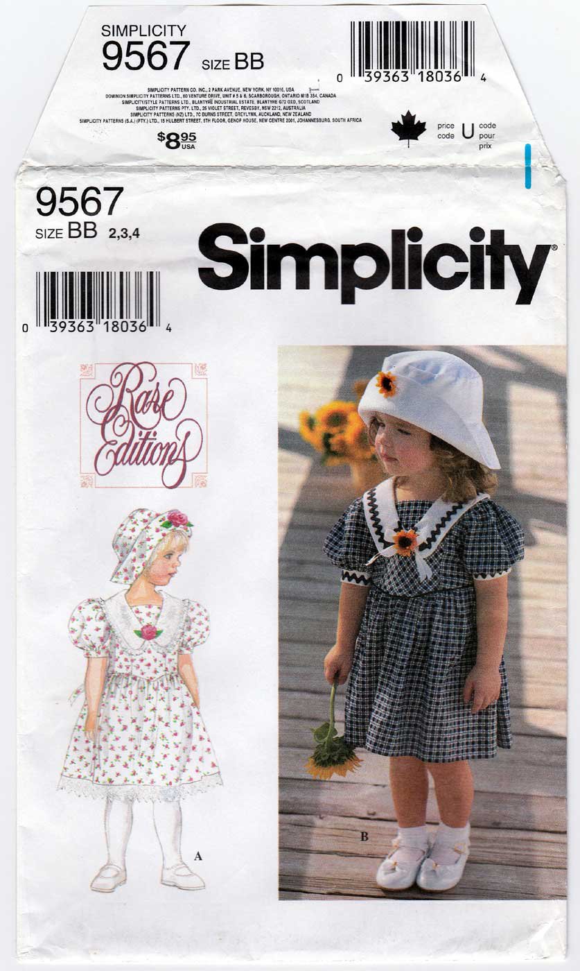Simplicity 9567 Girl's Dress and Hat Sewing Pattern Toddler Size 2-3-4 UNCUT