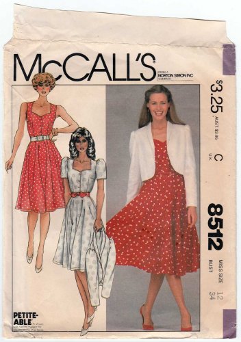 McCall's 8512 Women's Jacket and Dress Sewing Pattern Misses' Size 12 Bust 34 UNCUT