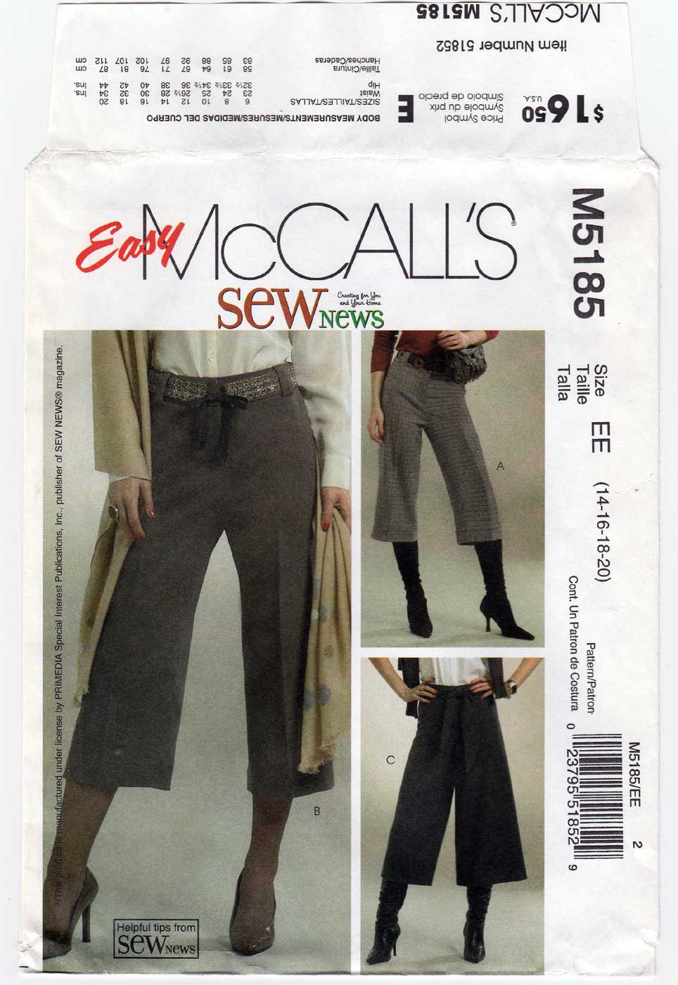 McCall's M5185 5185 Women's Pants, Gaucho, Sewing Pattern Size 14-16-18 ...