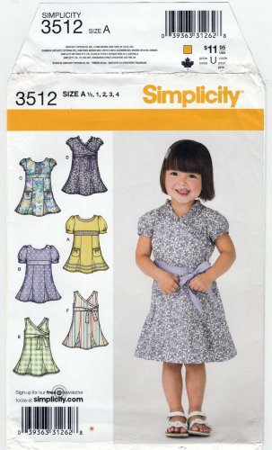 Simplicity 3512 Toddler Dress Sewing Pattern Size 1/2-1-2-3-4 UNCUT