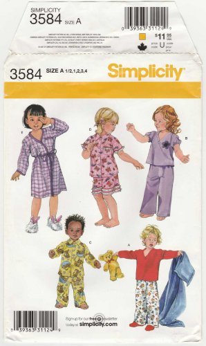 Toddlers Pajamas and Robe Sewing Pattern Size 1/2-1-2-3-4 UNCUT Simplicity 3584