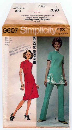 Vintage 1970s Simplicity 9607 Women's Dress, Tunic and Pants Sewing Pattern Size 14 Bust 36 Uncut