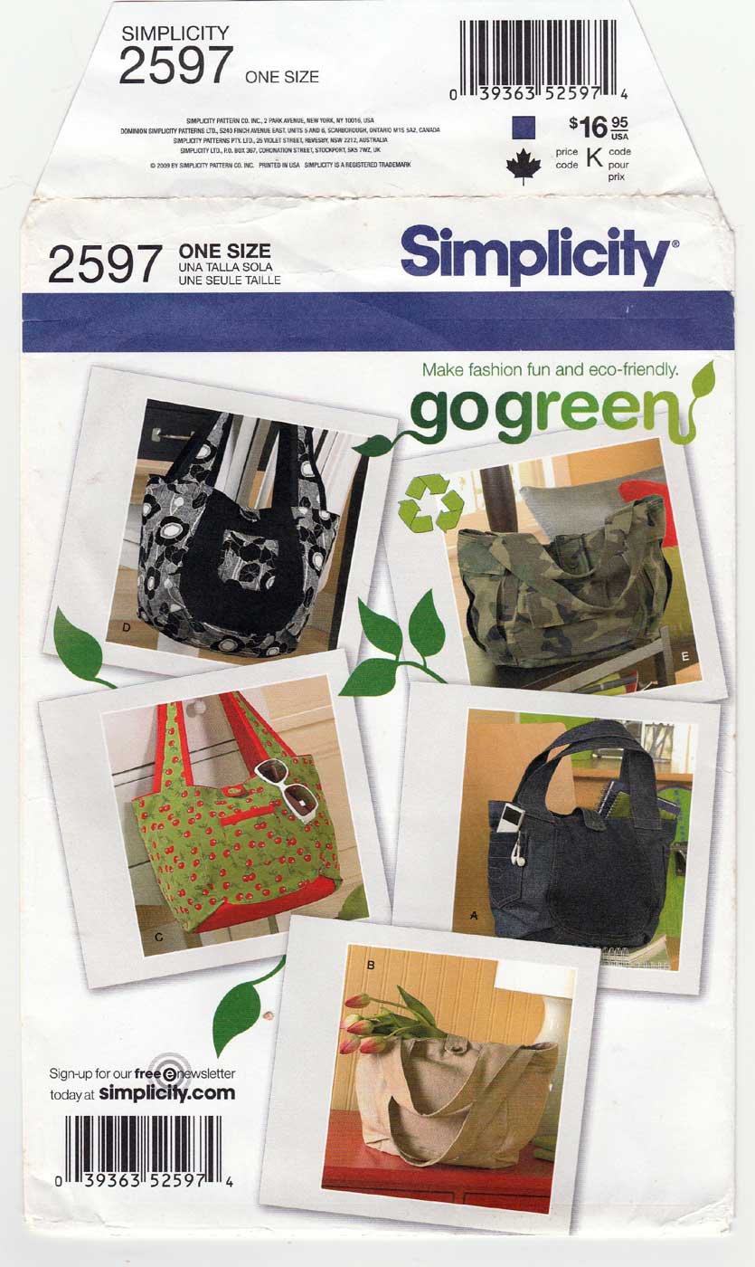 Simplicity 2597 Sewing Pattern For Bags Purse Tote