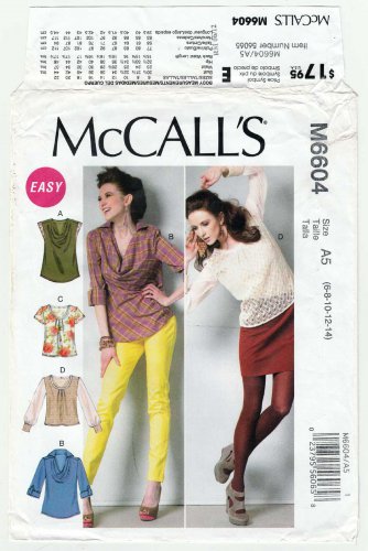 McCall's M6604 Women's Pullover Tops Sewing Pattern Misses Size 6-8-10-12-14 UNCUT
