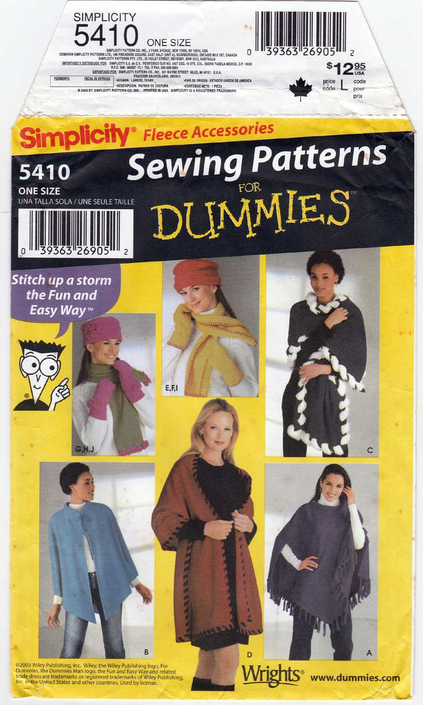Simplicity 5410 Sewing Pattern for Dummies, Fleece Poncho, Wrap, Scarf, Hat, Mittens UNCUT