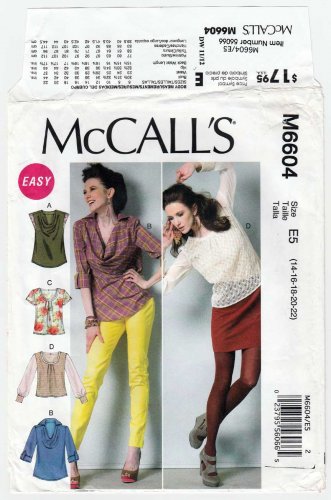 McCall's M6604 Women's Pullover Tops Sewing Pattern Misses / Plus Size 14-16-18-20-22 UNCUT