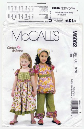 McCall's M6062 Girl's Pullover Top, Dress, Capri Pants Sewing Pattern Child Size 6-7-8 UNCUT
