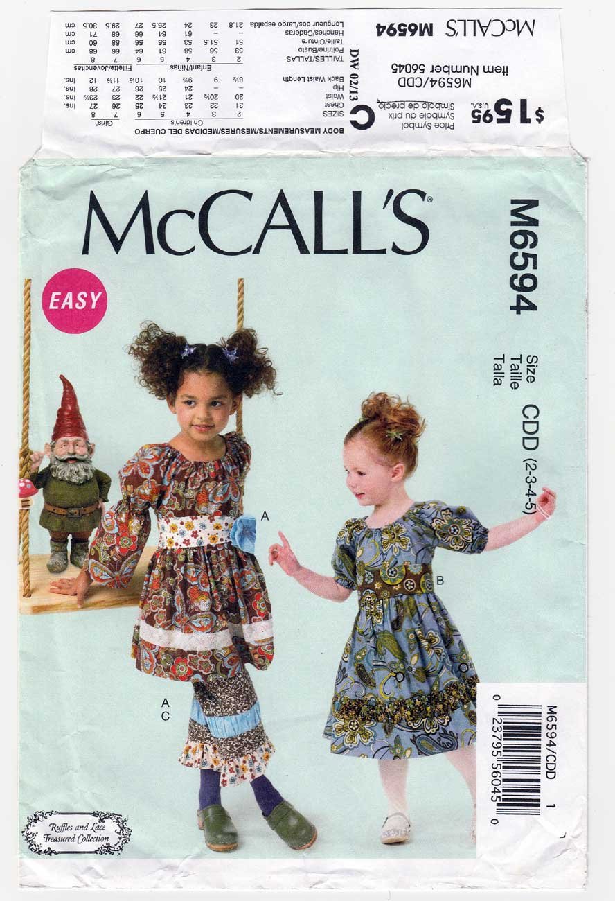 McCall's M6594 Girl's Dress, Pants, Belt Sewing Pattern, Children's Size 2-3-4-5 UNCUT