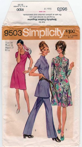 Simplicity 9503 Vintage 1970's Dress, Tunic, Pants Sewing Pattern Misses' Size 14 UNCUT