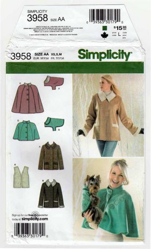 Simplicity 3958 Jacket, Capelet, Lined Vest and Dog Coat Pattern Misses Size 6-8-10-12-14-16 Uncut