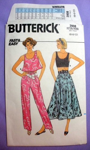 Butterick Pattern 3908 Women's Midriff Top, Midi Skirt, Straight Leg Pants Misses Size 6-8-10 CUT