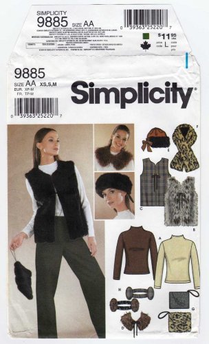 Simplicity Pattern 9885 Women's Lined Vest, Knit Top, Hat, Scarf, Bag, Earmuff Size 6-16 UNCUT