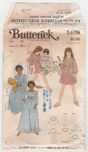 Butterick 3409 UNCUT Girls' Gown, Pajama and Robe Sewing Pattern Size 10
