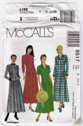McCall's Pattern 9517 Long Button Front Dress with Notched or Mandarin Collar Size 6-8-10 Uncut
