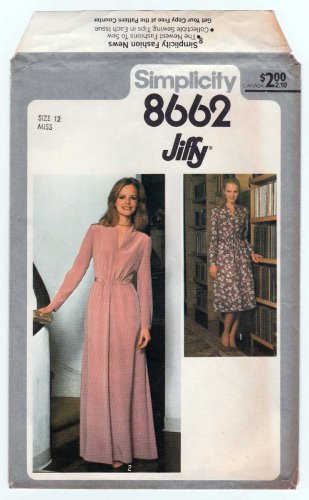 Simplicity 8662 Vintage 70's Evening Length Dress UNCUT Sewing Pattern, Long Sleeves Size 12