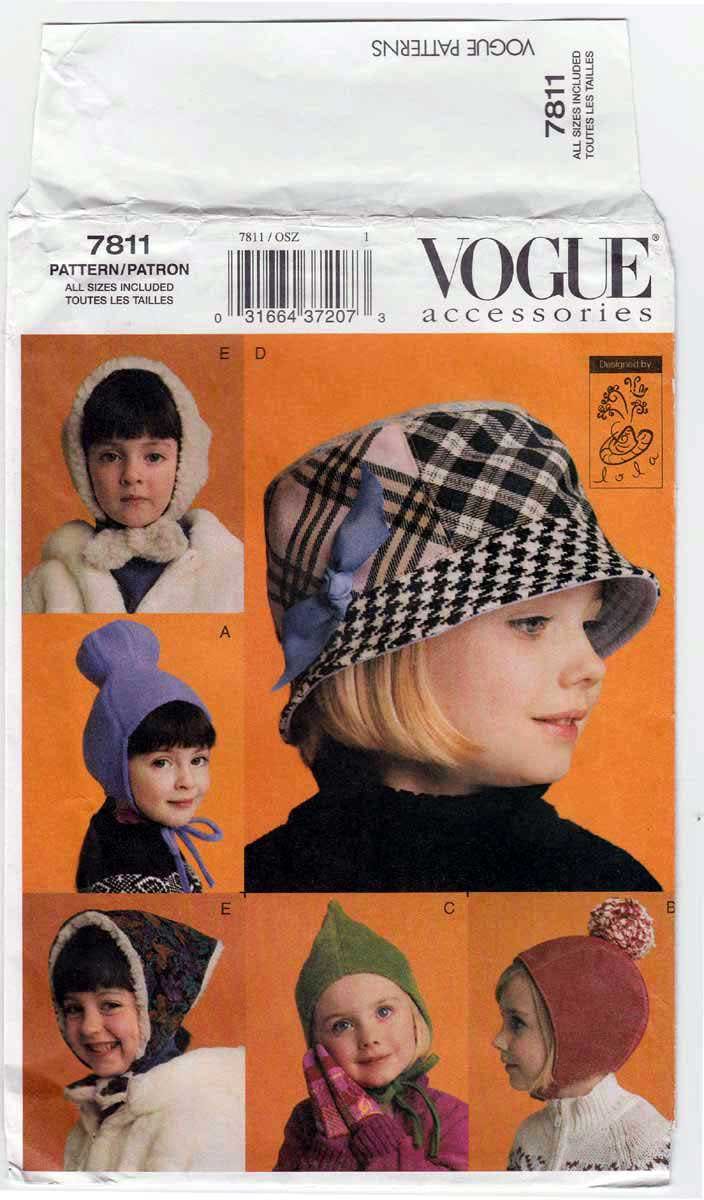 Vogue Pattern 7811 Girls Hats Designed by Lola, Bucket Hat, Pixie Hat, Kerchief Style Hat UNCUT