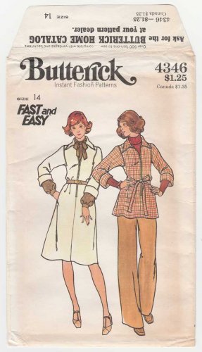 Butterick Pattern 4346 UNCUT Vintage 1970's Dress, Top, Pants and Belt Misses Size 14