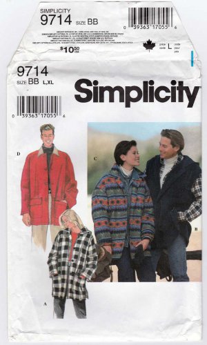 Simplicity Pattern 9714 Fleece Jacket Hoodie Coat Vest, Men's / Women's Size Large-XL UNCUT