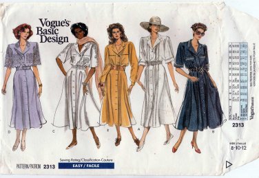 Vogue Basic Design Pattern 2313 UNCUT Shirtwaist Button Front Dress, Size 8-10-12