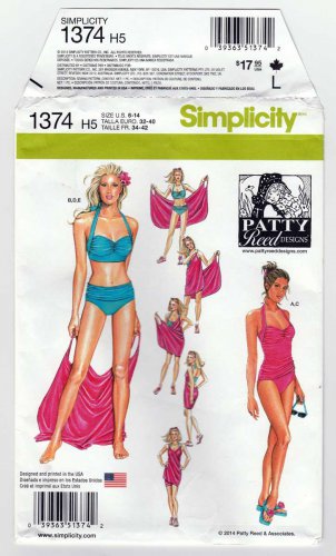 Simplicity Pattern 1374 Women's Swimsuit, Beach Cover-Up, Bikini, Tankini Size 6-8-10-12-14 Uncut