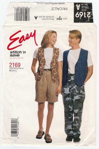 McCall's 2169 Unisex Vest, Pants and Shorts Sewing Pattern Size Small-Medium-Large UNCUT