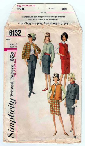 Vintage 1960's UNCUT Simplicity Pattern 6132 Women's Jacket, Vest, Blouse, Skirt and Slacks Size 16