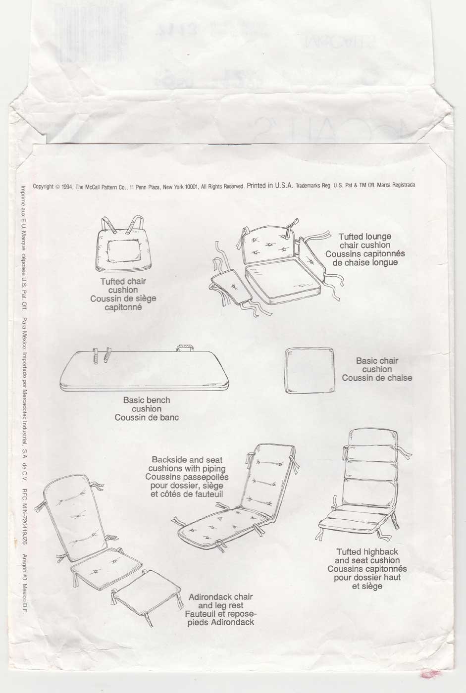 McCall's 7113 Pattern to Make Cushions for Outdoor Patio Furniture UNCUT