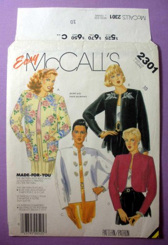 McCall's 2301 UNCUT Cardigan Style Jacket Sewing Pattern, Mandarin Collar Size 10