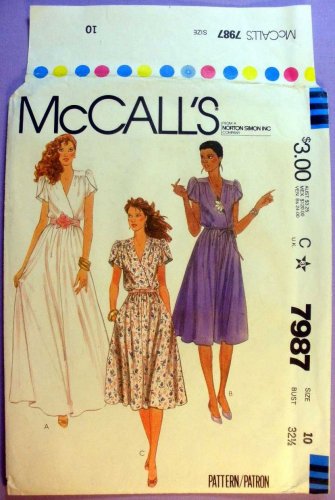 McCall's Pattern 7987 UNCUT Evening or Regular Length Dress, Tulip Sleeves, Wrap Bodice Size 10