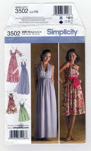 Simplicity Pattern 3502 Halter Dress or Evening Gown, Size 6-8-10-12-14 Uncut