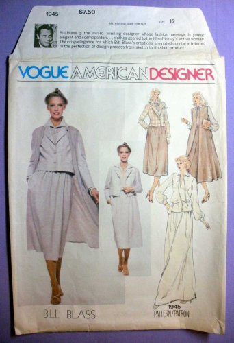 Vogue Pattern 1945 American Designer Bill Blass Coat, Jacket, Blouse and Skirt Misses Size 12