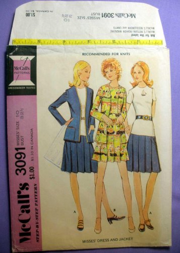 McCall's 3091 UNCUT Pattern Vintage 1970's Dress with Pleated Skirt and Jacket Size 10