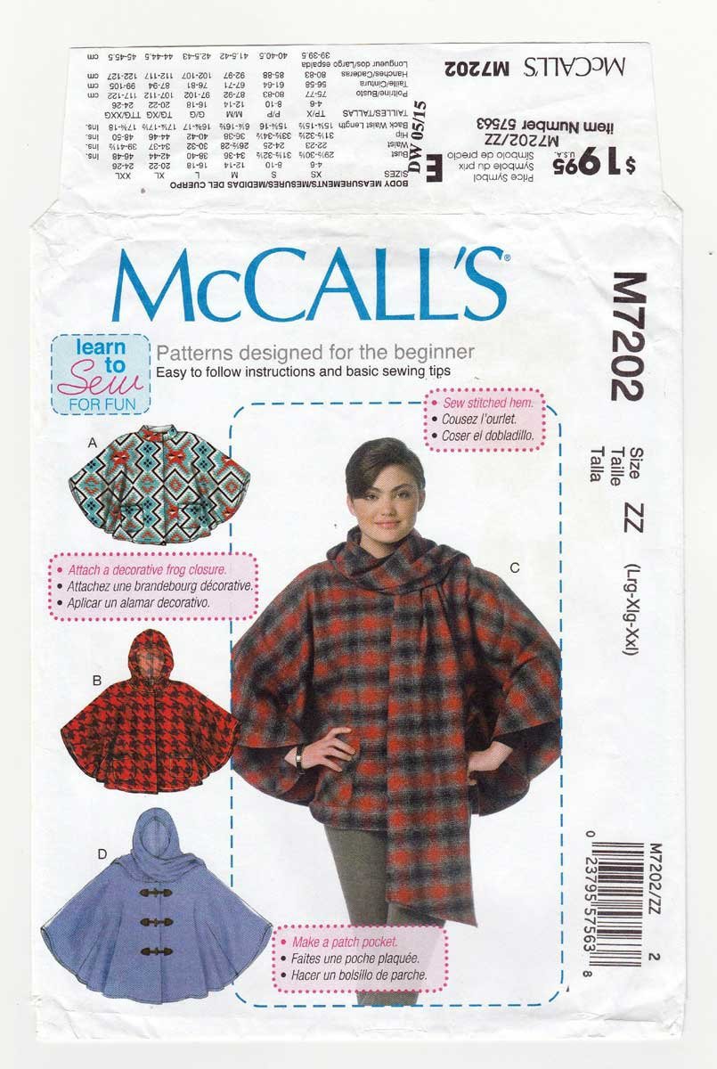 McCall's M7202 7202 Ponchos Sewing Pattern with Hood Variations Size 16