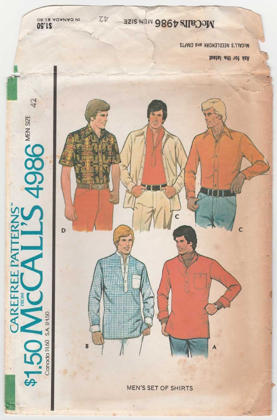 McCall's Pattern 4986 UNCUT Vintage 70's Men's Set of Pullover Shirts ...