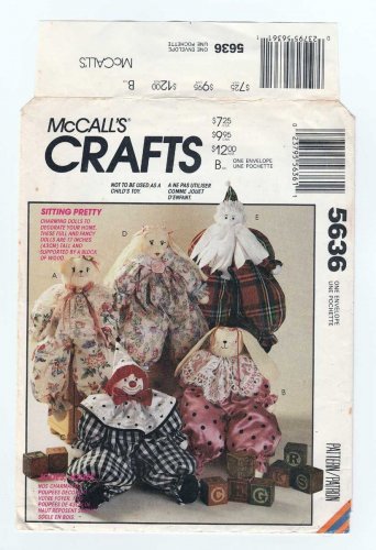 UNCUT McCall's Crafts Pattern 5636 Sitting Pretty Dolls, Teddy Bear, Rabbit, Clown, Santa, Girl