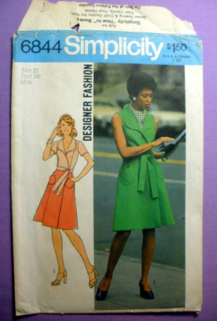 Simplicity 6844 UNCUT Vintage 1970's Front Wrap Dress Pattern Misses' Size  12 Bust 34