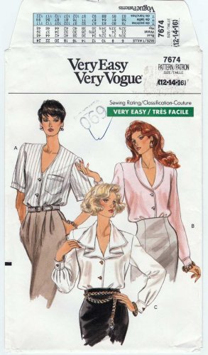 Vogue 7674 UNCUT Women's Blouse Sewing Pattern Misses' Size 12-14-16