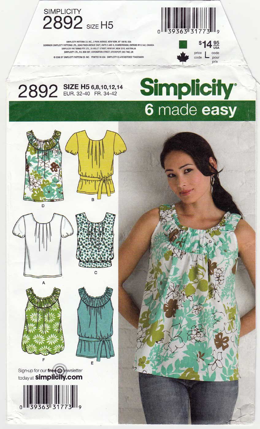 Simplicity Pattern 2892 Summer Shirts, Sleeveless Tops, Misses' Size 6 ...