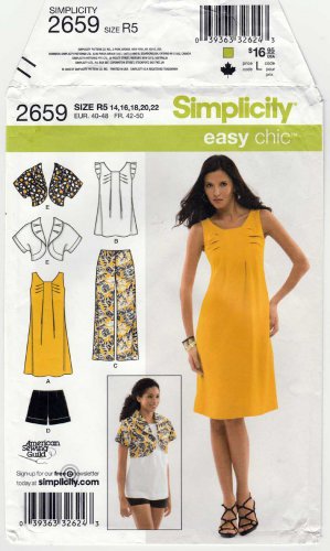 Simplicity Pattern 2659 Dress, Tunic, Cropped Trousers, Shorts, Bolero Size 14-16-18-20-22 UNCUT