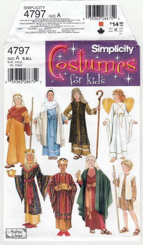 Simplicity 4797 Sewing Pattern for Boys' and Girls' Nativity Costumes Size S-M-L UNCUT
