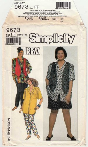 Simplicity 9673 UNCUT Women's Pants, Shorts, Shirt, Vest Pattern Plus Size 18W-20W-22W-24W