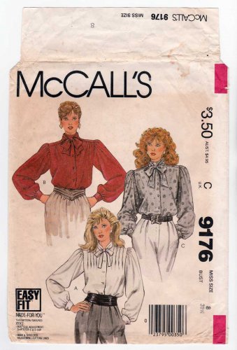 McCall's 9176 UNCUT Women's Blouse Sewing Pattern, Long Sleeves, Tie Collar, Misses Size 8
