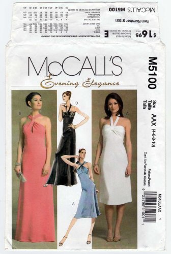 Formal Dress Sewing Pattern, Halter Neck or Shoulder Straps, Size 4-6-8-10 UNCUT McCall's M5100 5100